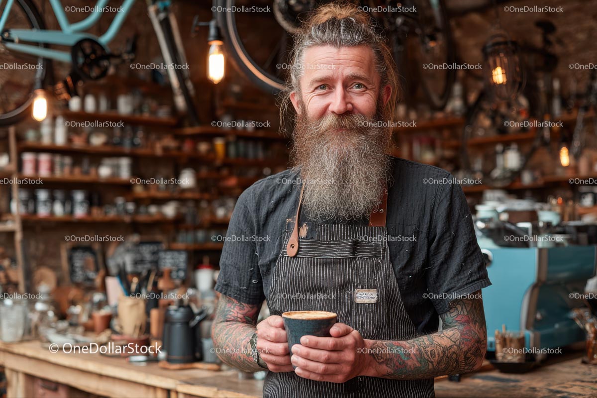 Smiling Hipster Barista in a Rustic Coffee Shop