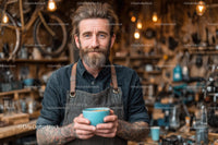Bearded Artisan Holding a Mug in Rustic Workshop