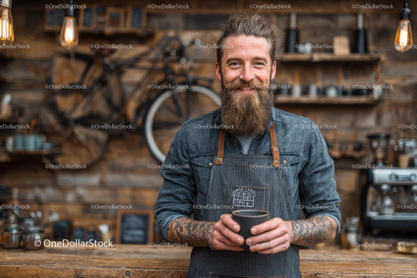 Barista z Brodą w Przytulnej Rustykalnej Kawiarni
