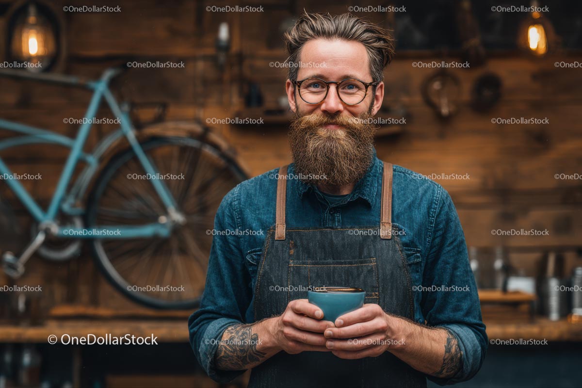 Hip Barista with Beard Holding Cup in Rustic Cafe