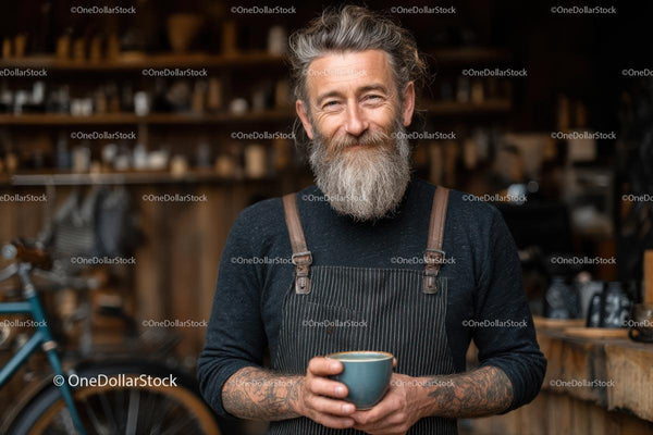 Uśmiechnięty Brodaty Barista Cieszący się Kawą w Przytulnej Kawiarni