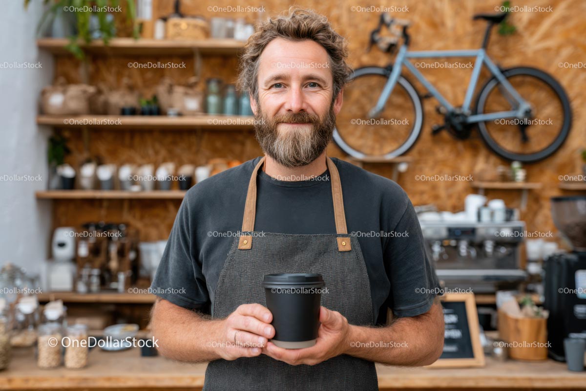 Bearded Barista Holding Coffee Cup in Cozy Cafe