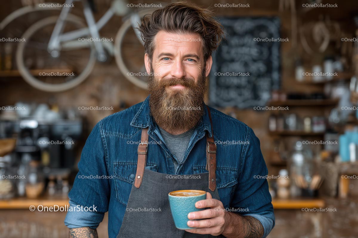 Uśmiechnięty barista trzymający kawę rzemieślniczą w przytulnej kawiarni