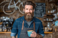 Smiling Barista Holding Artisan Coffee in Cozy Cafe