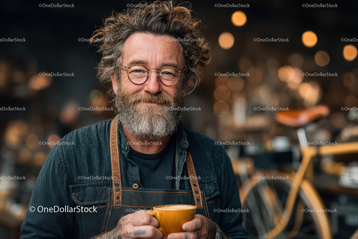 Bearded Man Enjoying Coffee in Cozy Cafe Setting