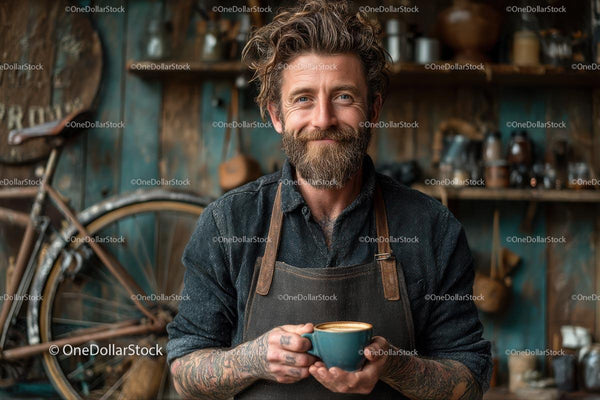 Bearded Man Enjoying Coffee in Rustic Workshop