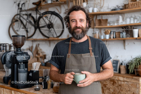 Uśmiechnięty barista trzymający filiżankę kawy w rustykalnej kawiarni