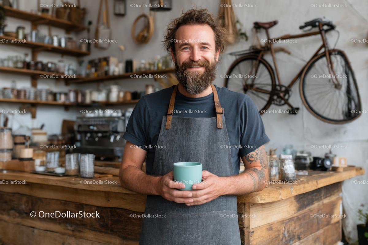Friendly Barista in Cozy Cafe with Rustic Decor