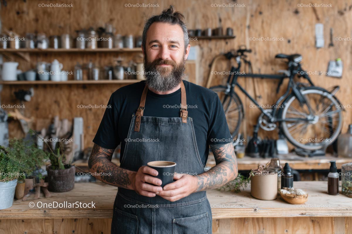 Bearded Artisan in Rustic Coffee Shop
