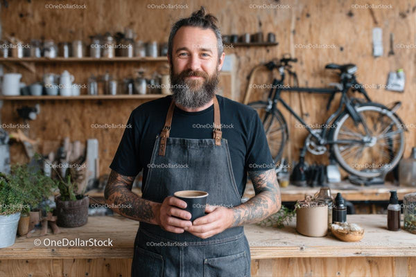 Bearded Artisan in Rustic Coffee Shop
