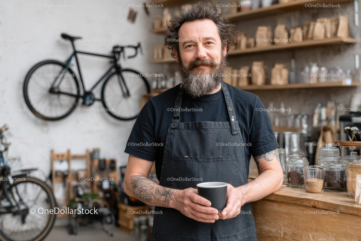Bearded Barista Holding Coffee Cup in Trendy Cafe