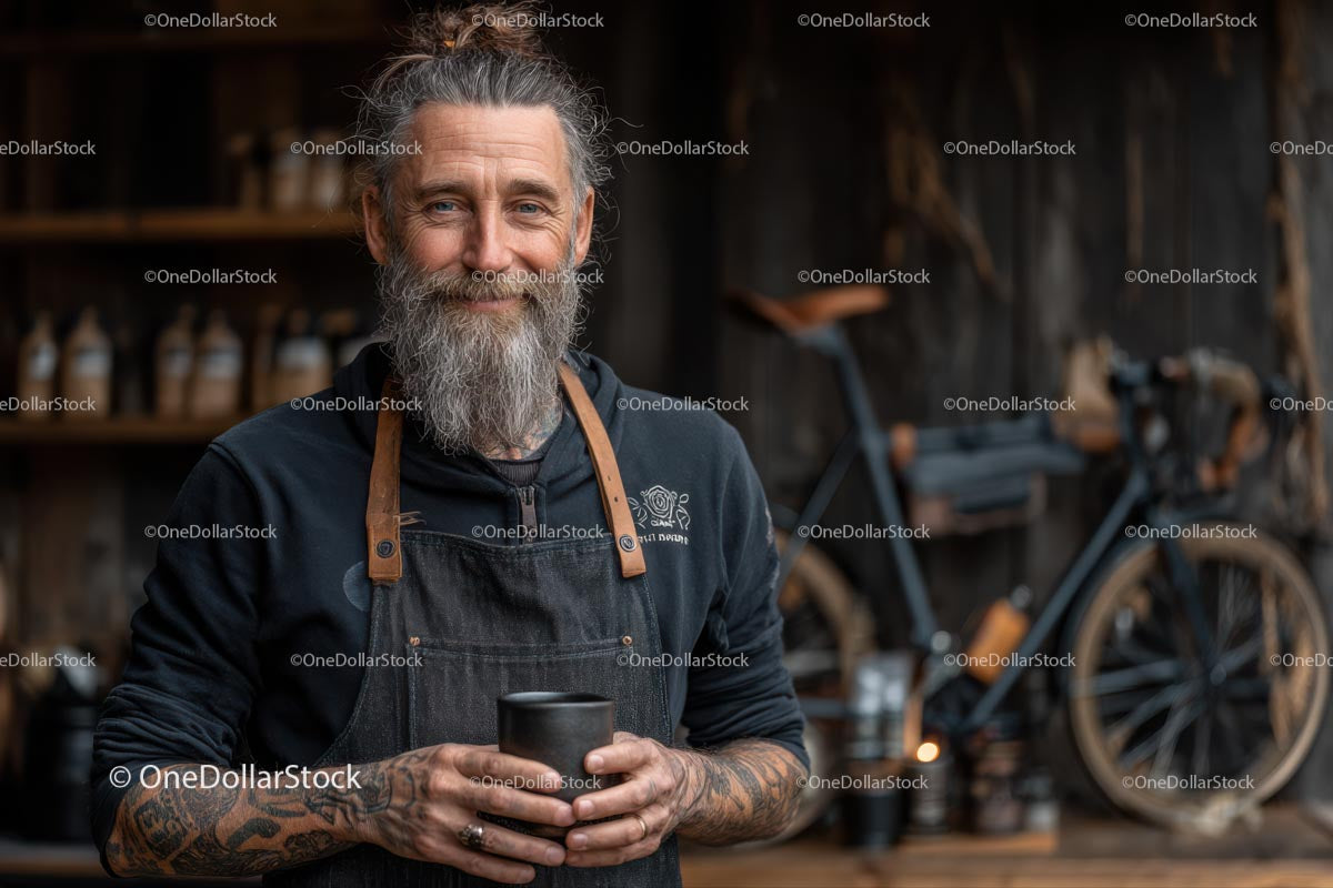 Smiling Barista with a Handmade Mug in Rustic Coffee Shop