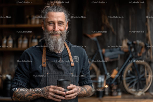 Uśmiechnięty barista z ręcznie robionym kubkiem w rustykalnej kawiarni