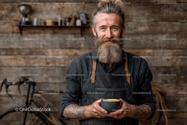Bearded Barista Holding Artisan Coffee in Rustic Cafe
