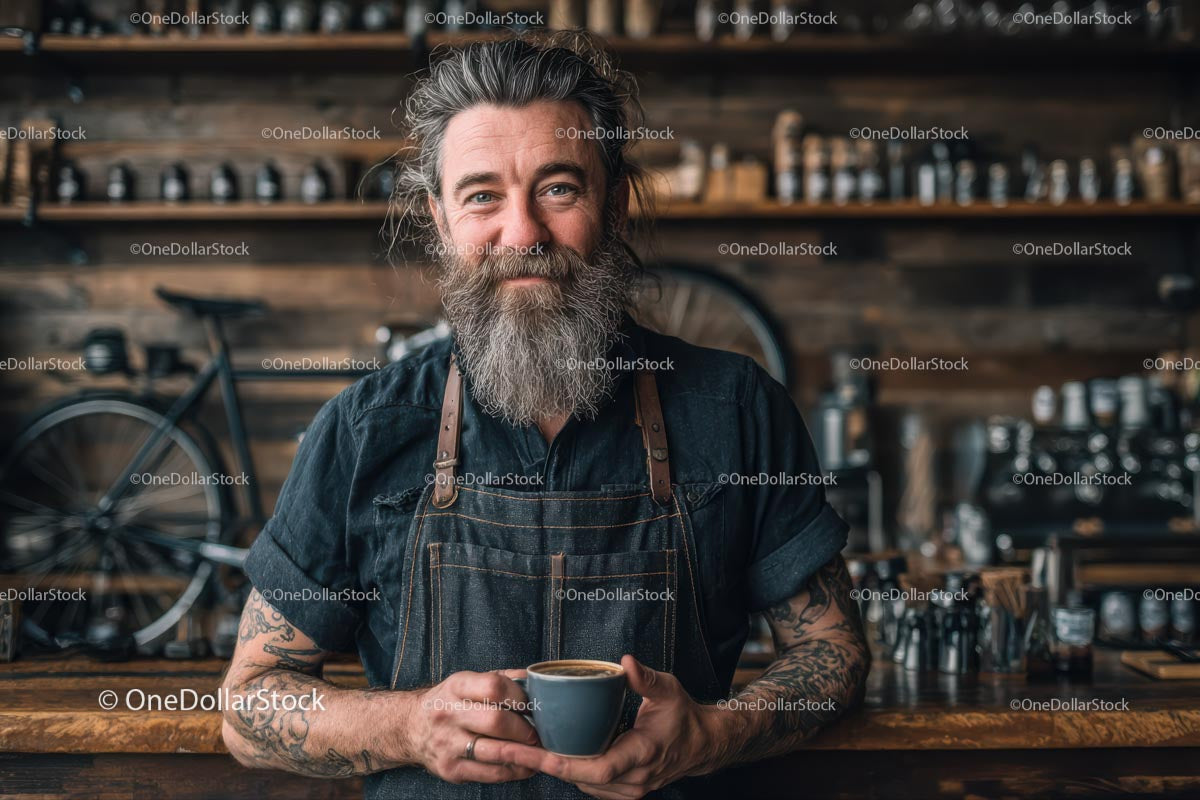 Bearded Barista Holding a Cup in Rustic Coffee Shop