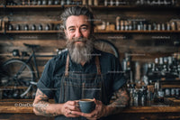 Bearded Barista Holding a Cup in Rustic Coffee Shop