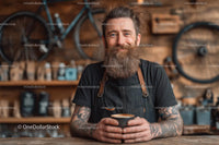 Bearded Barista with Coffee in Rustic Cafe Setting