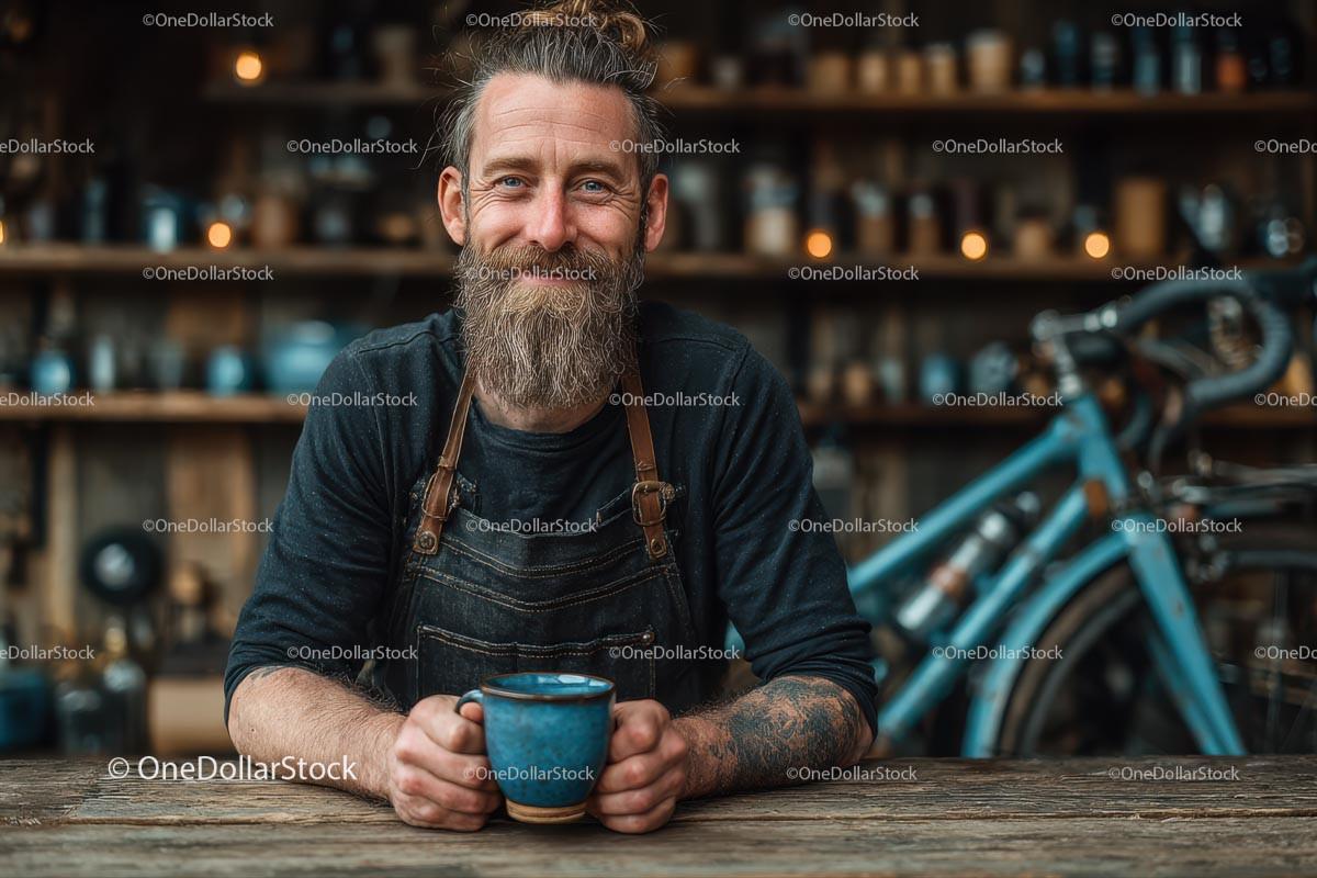 Smiling Bearded Man Holding Coffee in Rustic Workshop