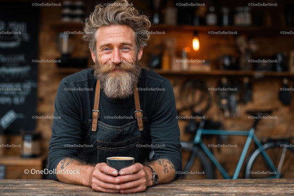 Brodaty Barista w Rustykalnej Kawiarni Trzymający Filiżankę