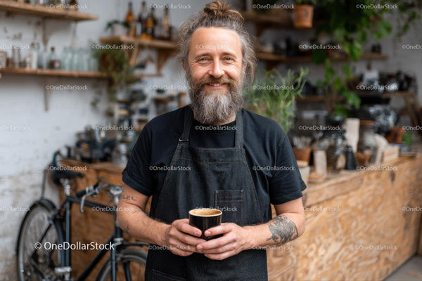 Uśmiechnięty barista trzymający espresso w przytulnej kawiarni