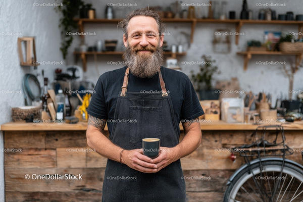 Brodaty Barista w Przytulnej Rustykalnej Kawiarni