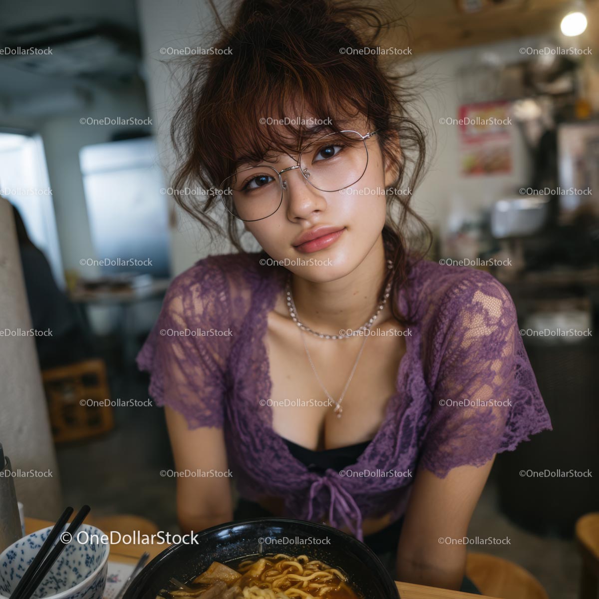 Young Woman with Purple Lace Top Dining in Urban Eatery