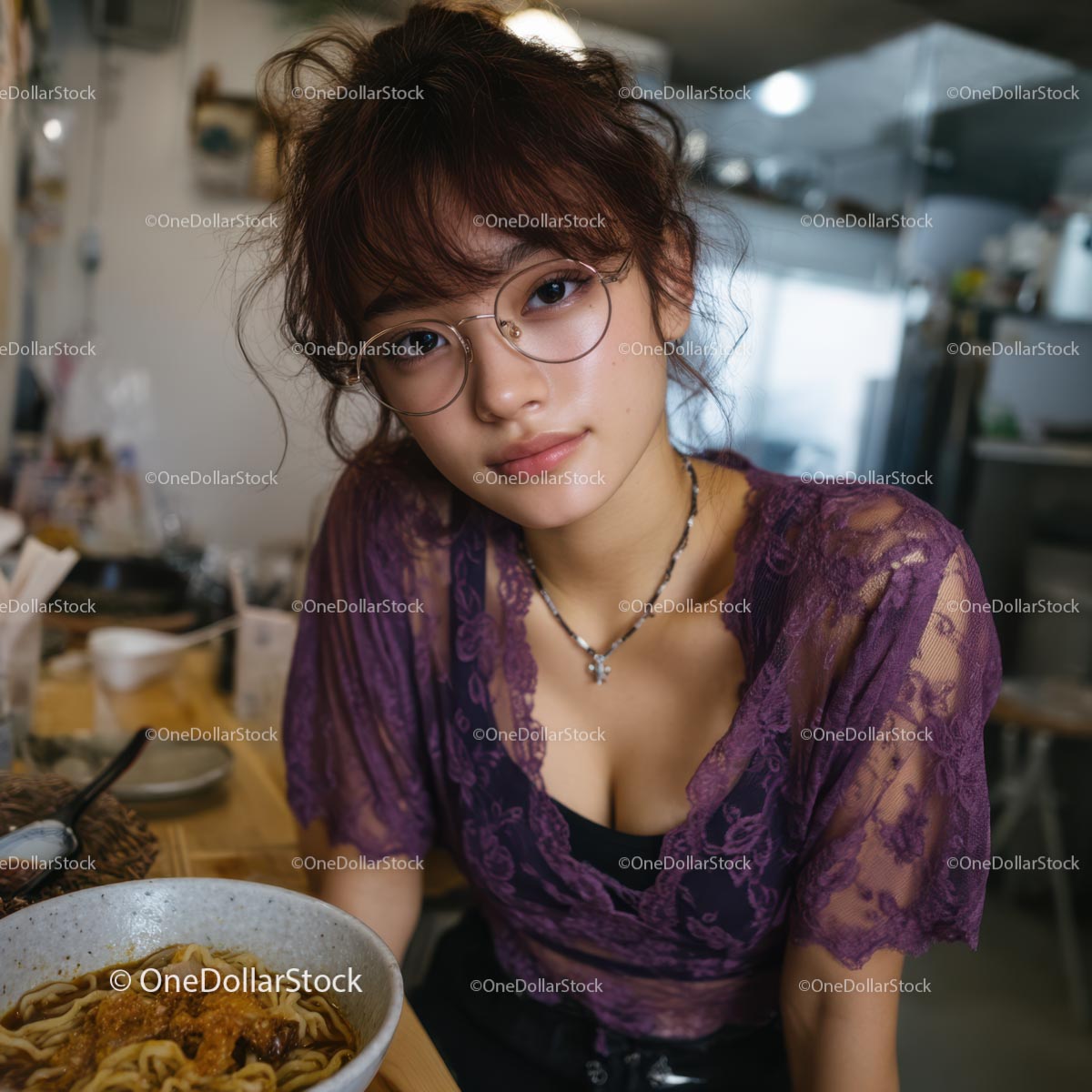 Young Woman with Purple Lace Top Dining in Urban Eatery
