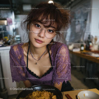 Young Woman in Purple Lace Dining on Asian Noodles