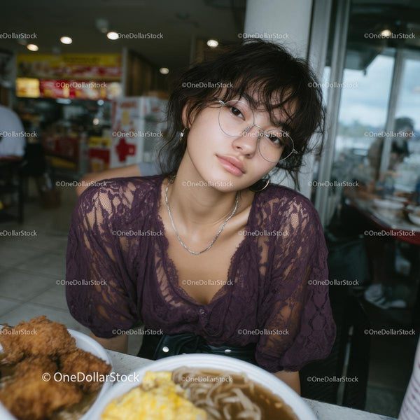 Young Woman in Purple Lace Enjoying Casual Dining