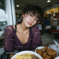 Young Woman with Purple Lace Top Dining in Urban Eatery
