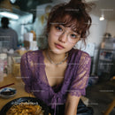 Young Woman with Purple Lace Top Dining in Urban Eatery