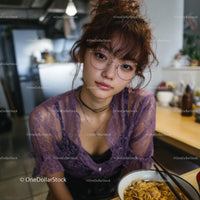 Young Woman with Purple Lace Top Dining in Urban Eatery