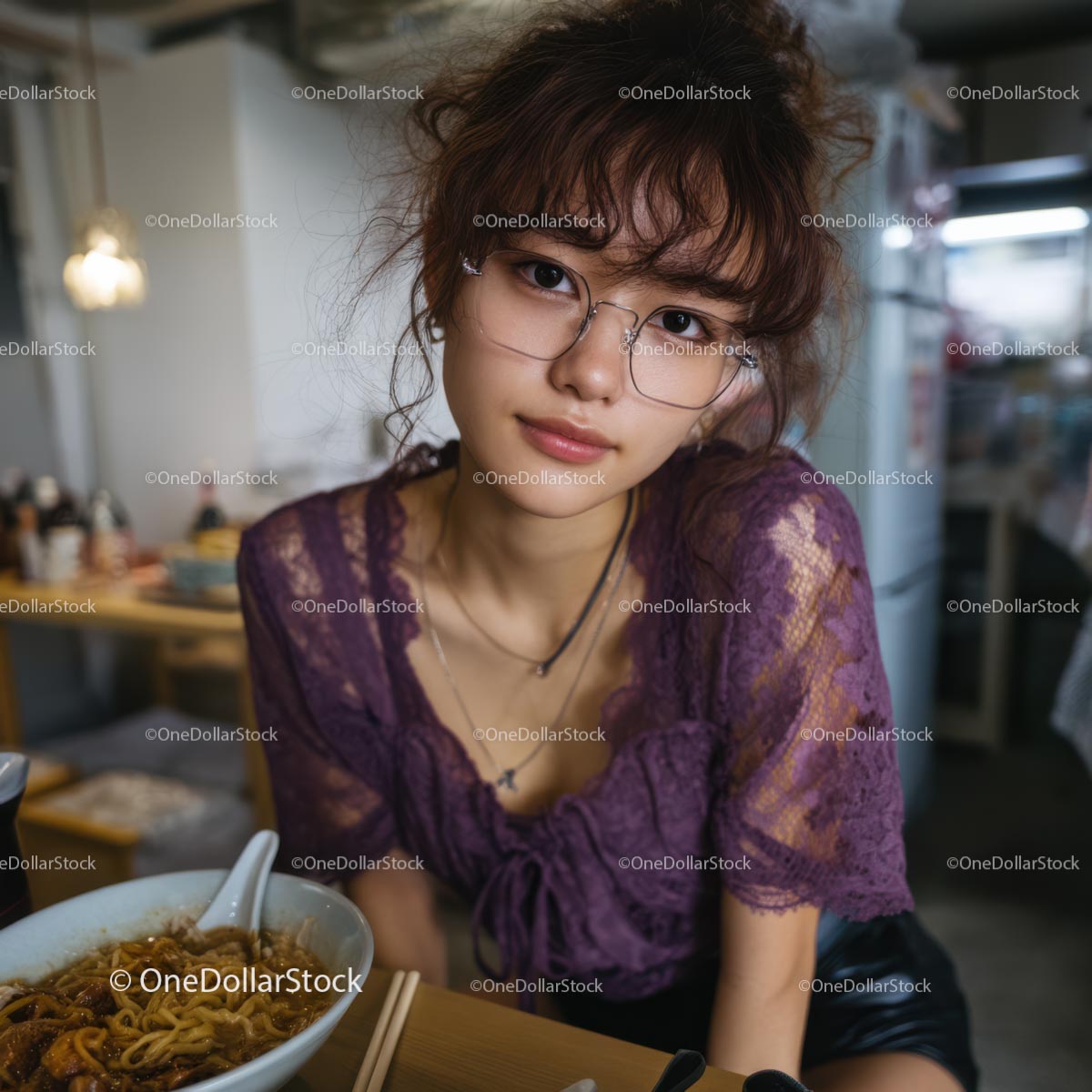 Young Woman in Purple Blouse Dining Comfortably