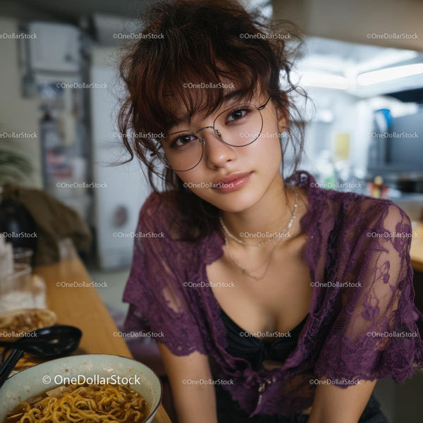 Asian Woman with Glasses Enjoying Ramen in Cozy Kitchen