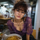 Young Woman with Purple Lace Top Dining in Urban Eatery