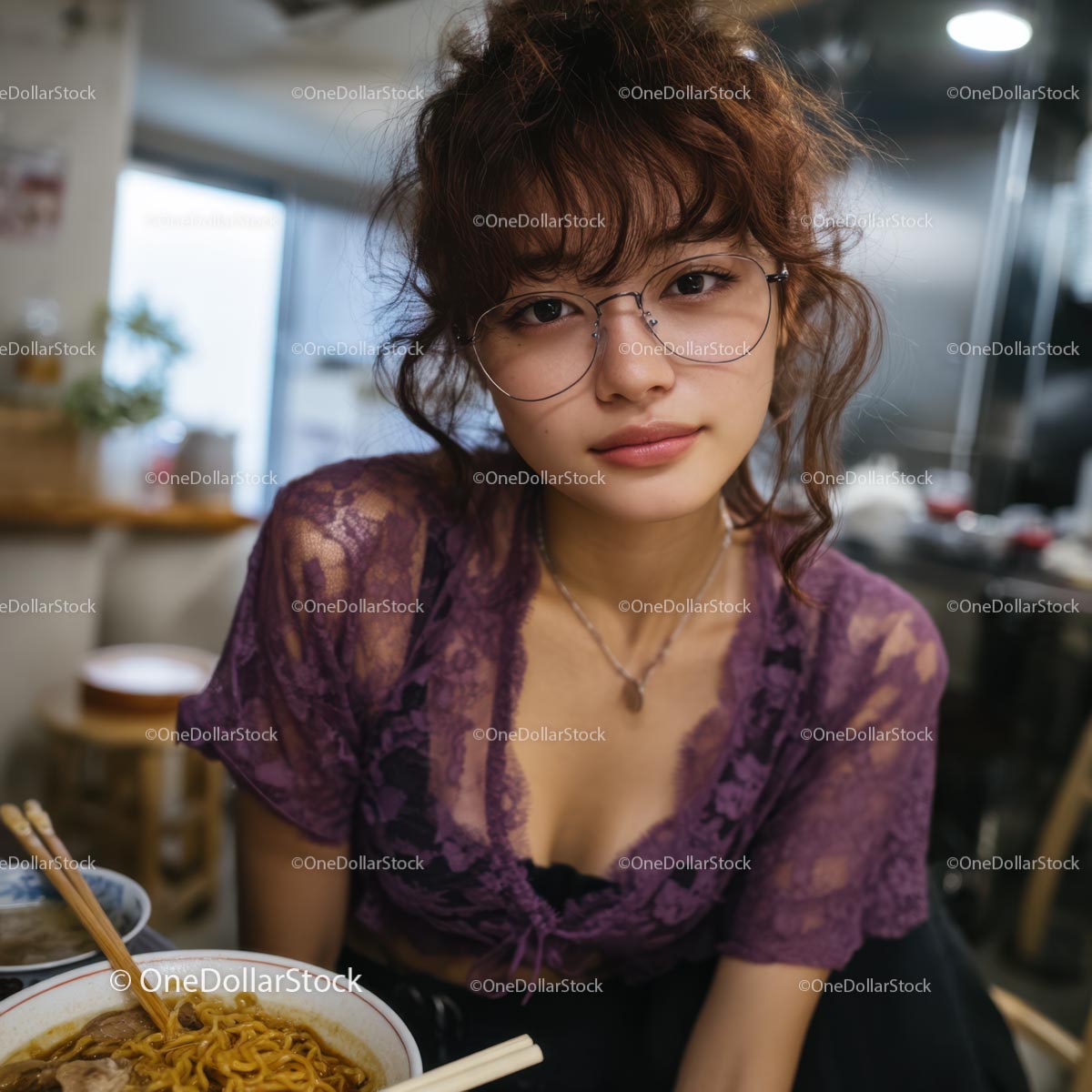 Young Woman with Purple Lace Top Dining in Urban Eatery