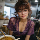 Young Woman with Purple Lace Top Dining in Urban Eatery