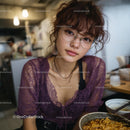 Young Woman with Purple Lace Top Dining in Urban Eatery
