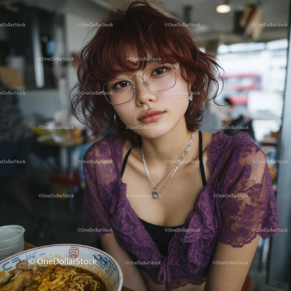 Stylish Young Woman with Purple Lace Top in Cafe