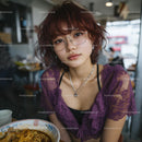 Stylish Woman in Purple Lace Enjoying Ramen