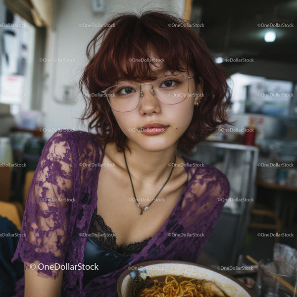 Fashionable Young Woman Enjoying a Meal Indoors