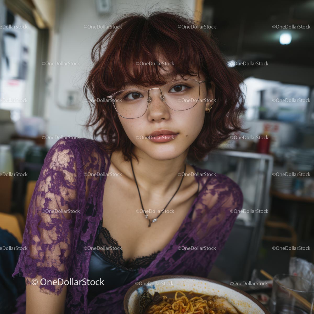 Stylish Woman in Purple Lace Enjoying Ramen