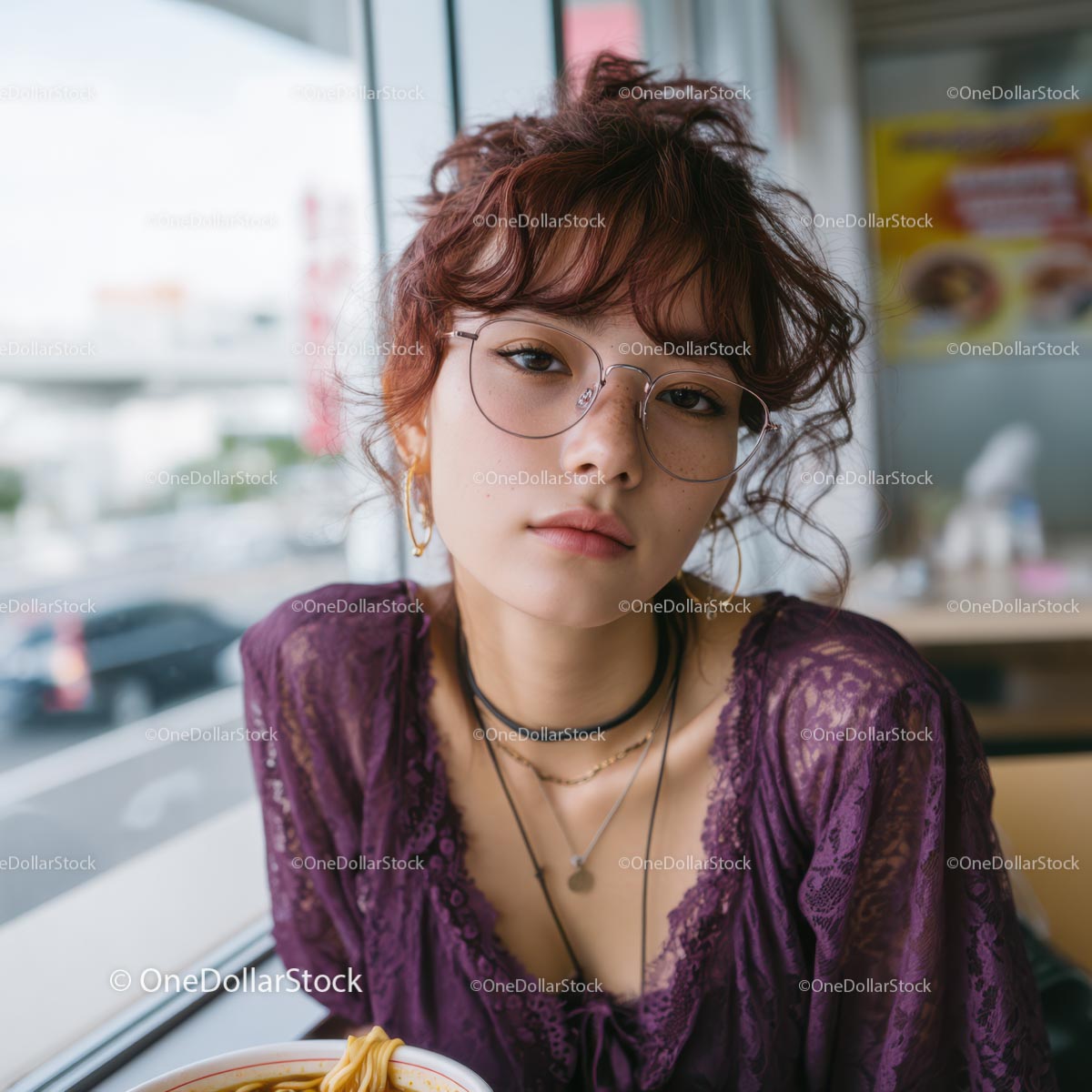 Young Woman with Purple Lace Top Dining in Urban Eatery