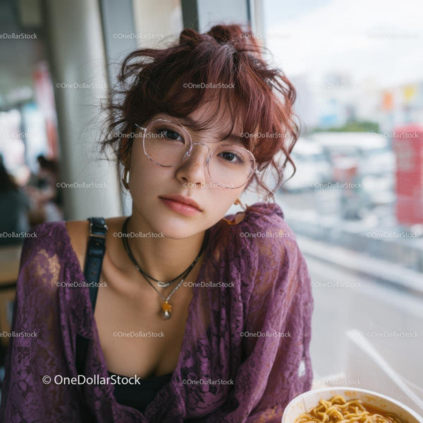 Stylish Woman in Purple Lace Top at Cafe