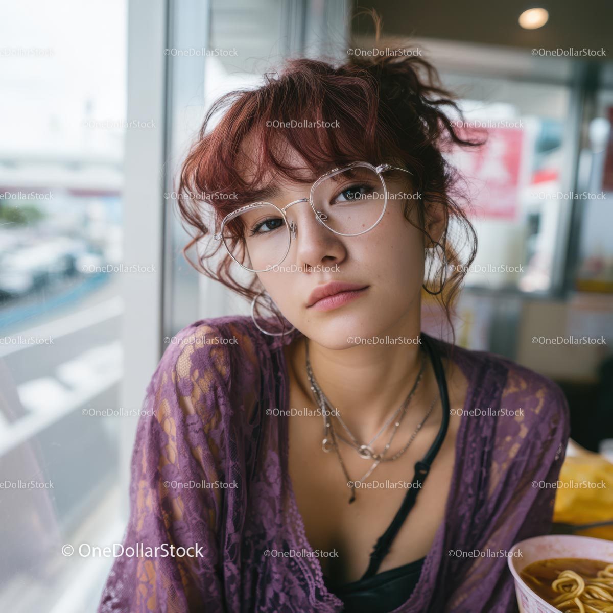 Young Woman with Purple Lace Top Dining in Urban Eatery
