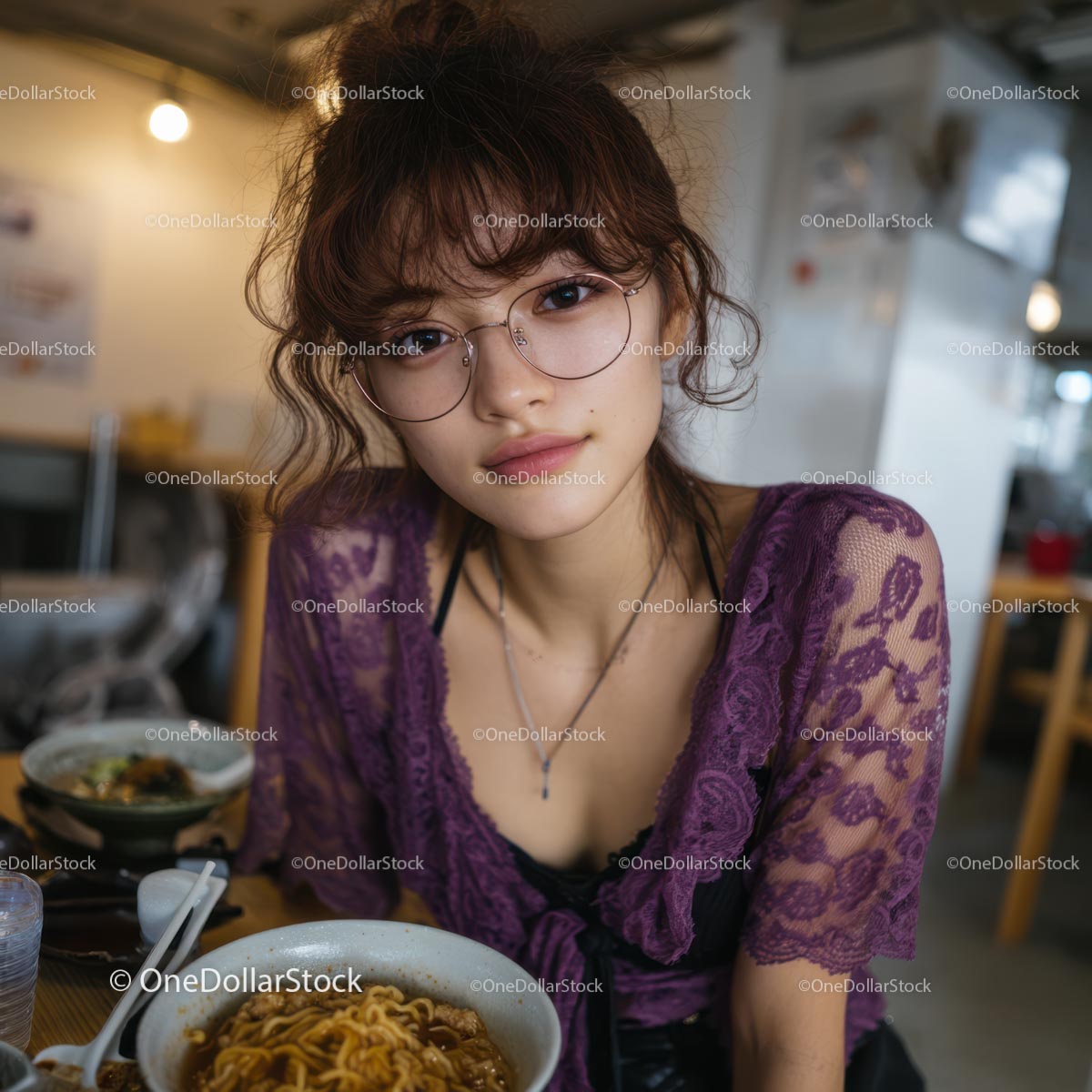 Trendy Young Woman Enjoying Ramen in Cozy Restaurant