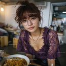 Stylish Woman in Purple Lace Enjoying Ramen