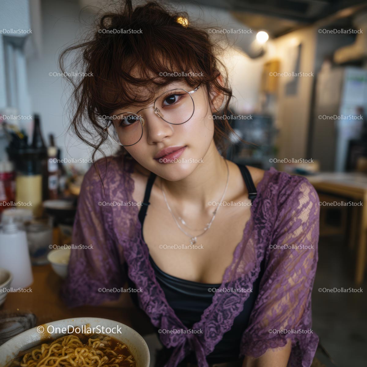 Stylish Woman in Purple Lace Enjoying Ramen