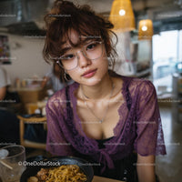 Stylish Woman in Purple Lace Enjoying Ramen