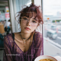 Stylish Woman in Purple Lace Enjoying Ramen